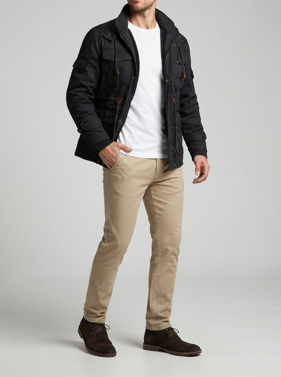 Men's Autumn Fleece Lined Cargo Jacket with Hood