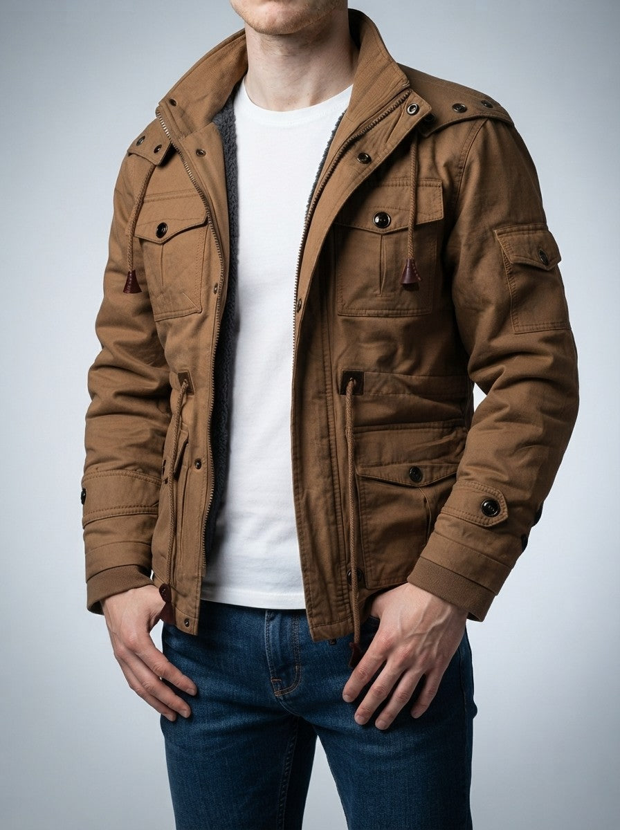 Men's Autumn Fleece Lined Cargo Jacket with Hood