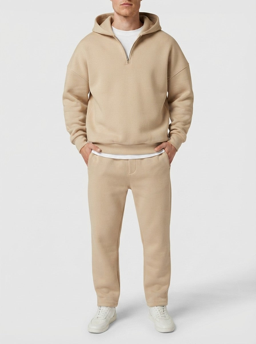 Men's Autumn Fleece Lined Two Piece Set with Half Zip Hood