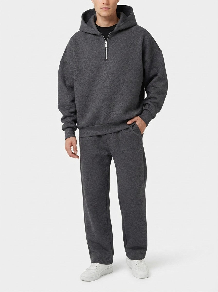 Men's Autumn Fleece Lined Two Piece Set with Half Zip Hood