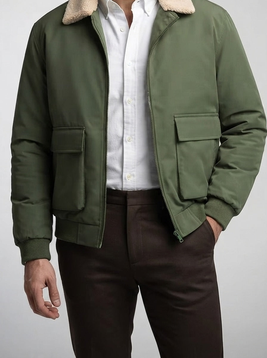 Men's Autumn Full Zip Flight Jacket with Pile Collar