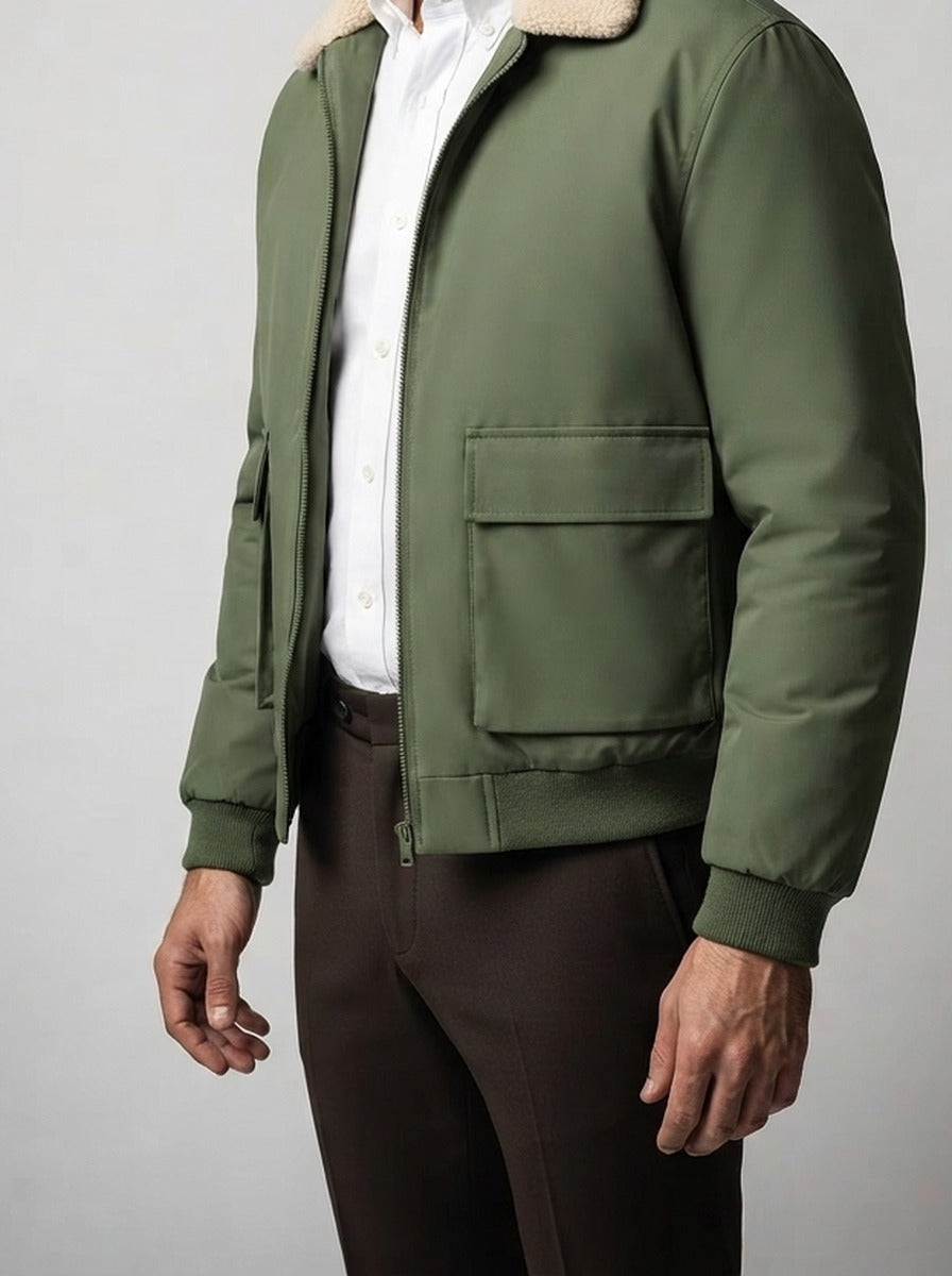 Men's Autumn Full Zip Flight Jacket with Pile Collar