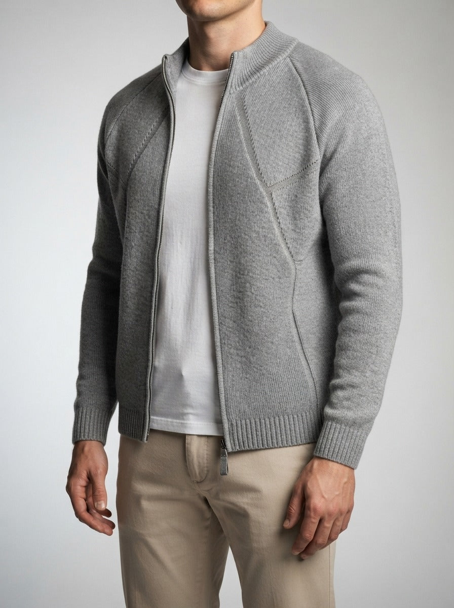 Men's Autumn Full Zip Knit Cardigan with Stand Collar and Raglan Sleeves