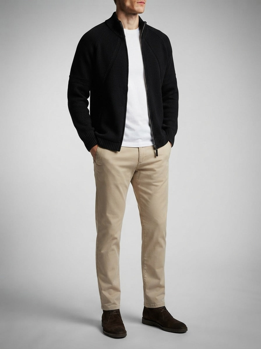 Men's Autumn Full Zip Knit Cardigan with Stand Collar and Raglan Sleeves