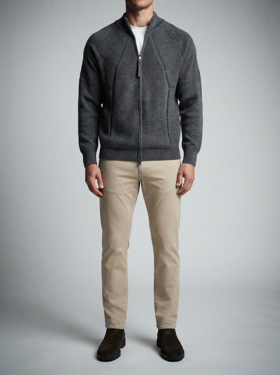 Men's Autumn Full Zip Knit Cardigan with Stand Collar and Raglan Sleeves