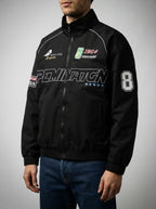 Men's Autumn Graphic Print Racing Bomber Jacket with Ribbed Hem