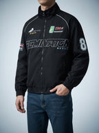 Men's Autumn Graphic Print Racing Bomber Jacket with Ribbed Hem
