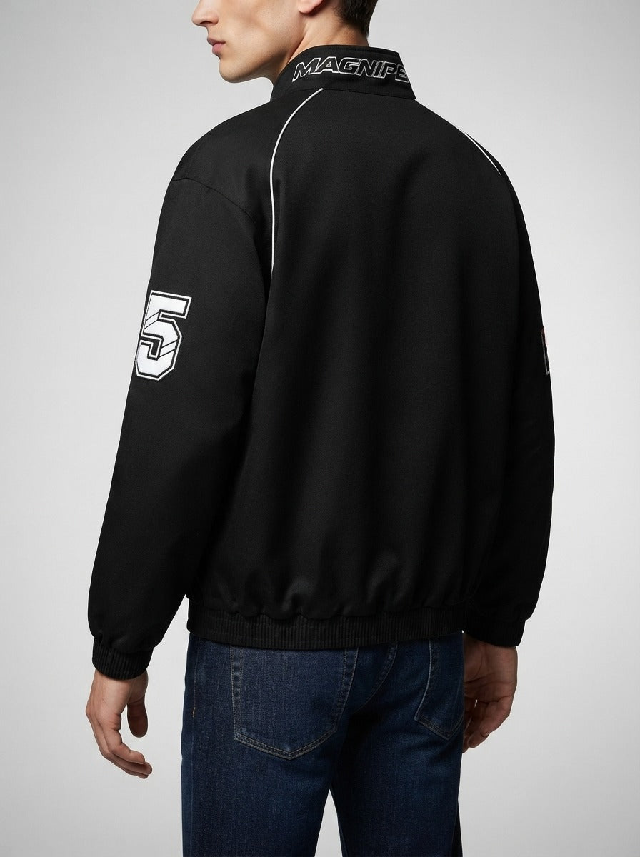Men's Autumn Graphic Print Racing Bomber Jacket with Ribbed Hem