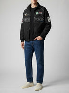 Men's Autumn Graphic Print Racing Bomber Jacket with Ribbed Hem