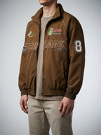 Men's Autumn Graphic Print Racing Bomber Jacket with Ribbed Hem