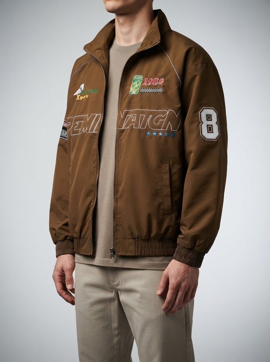 Men's Autumn Graphic Print Racing Bomber Jacket with Ribbed Hem