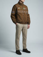 Men's Autumn Graphic Print Racing Bomber Jacket with Ribbed Hem