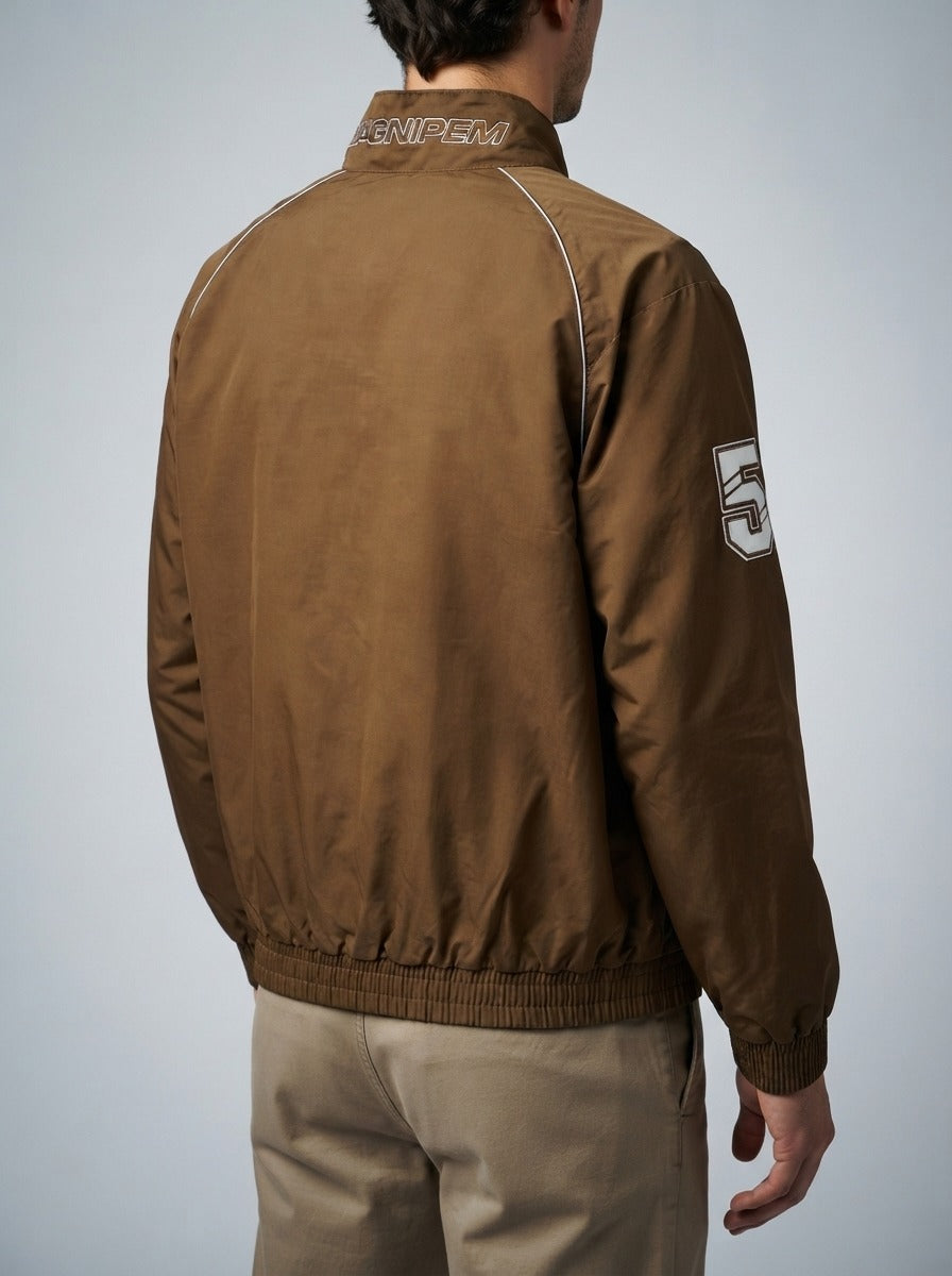 Men's Autumn Graphic Print Racing Bomber Jacket with Ribbed Hem