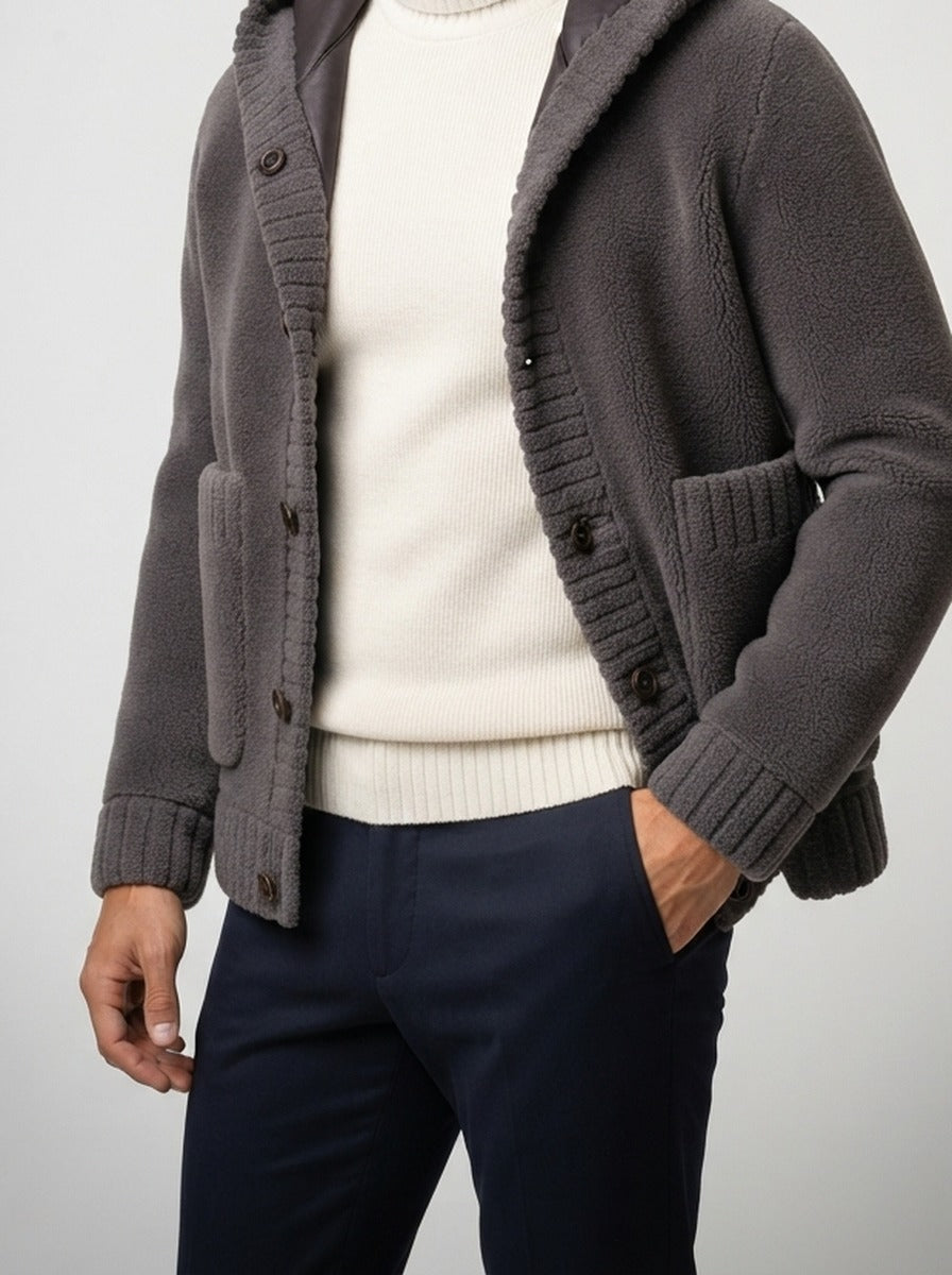 Men's Autumn Hooded Fleece Jacket with Button Front