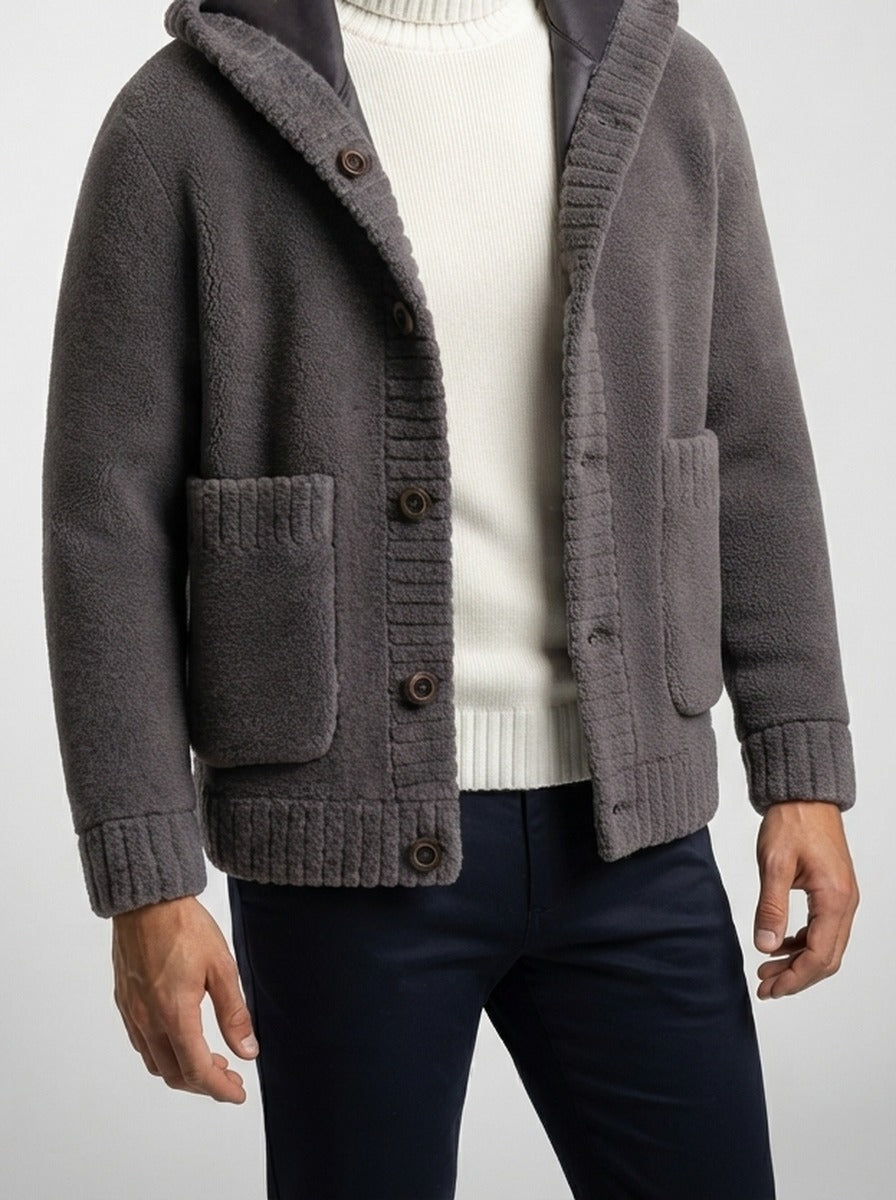 Men's Autumn Hooded Fleece Jacket with Button Front