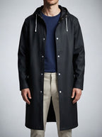 Men's Autumn Long Hooded Raincoat with Snap Fastening | Rain Mac