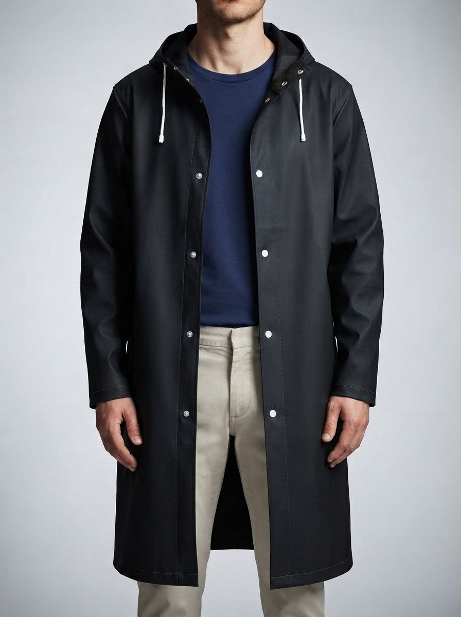 Men's Autumn Long Hooded Raincoat with Snap Fastening | Rain Mac