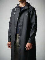 Men's Autumn Long Hooded Raincoat with Snap Fastening | Rain Mac