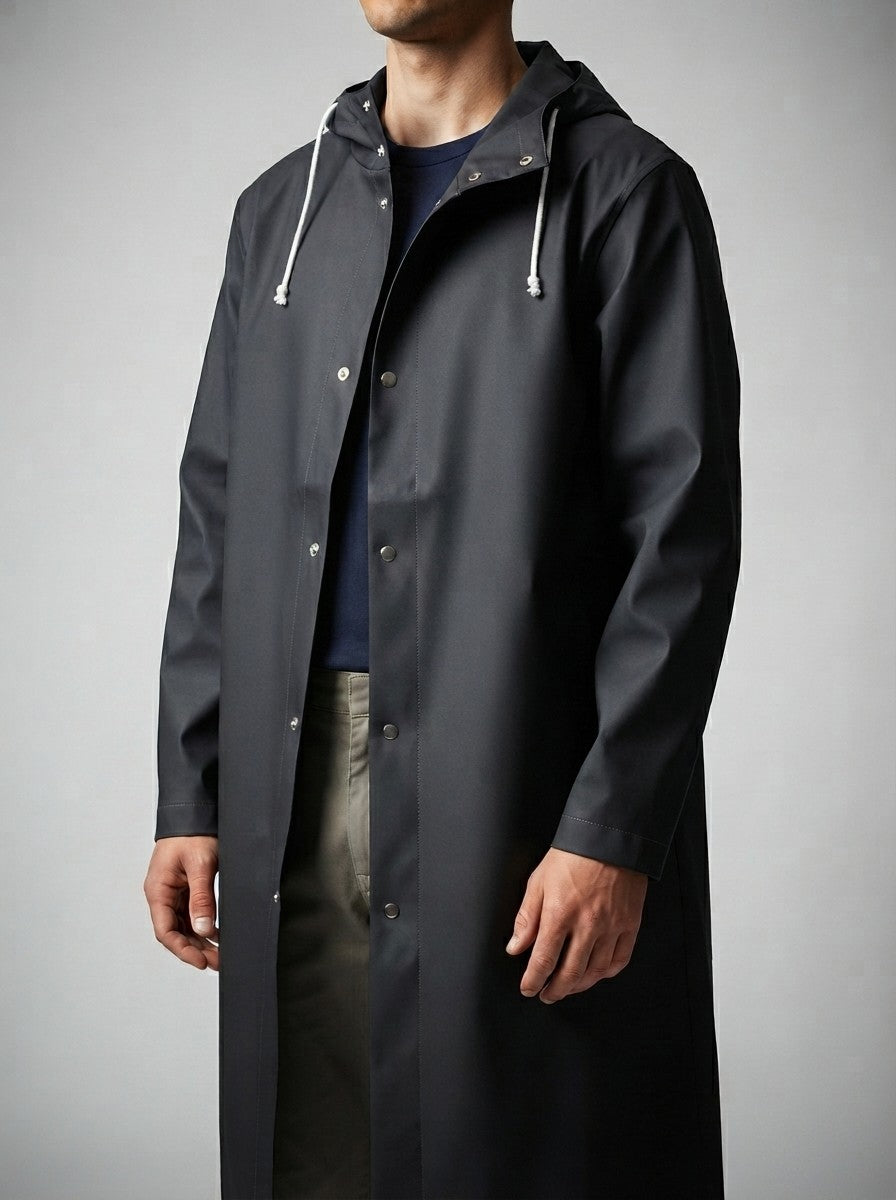 Men's Autumn Long Hooded Raincoat with Snap Fastening | Rain Mac