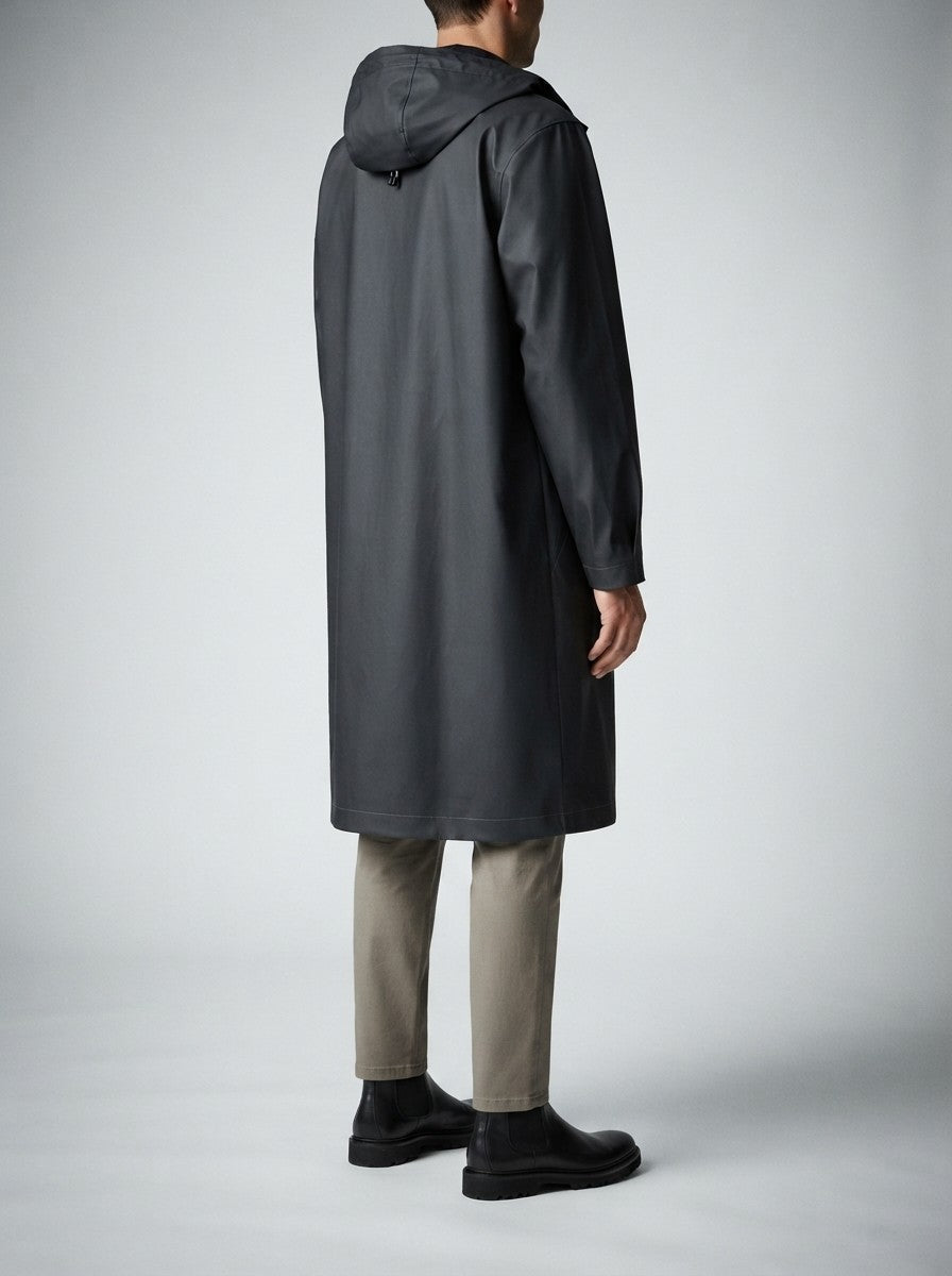 Men's Autumn Long Hooded Raincoat with Snap Fastening | Rain Mac