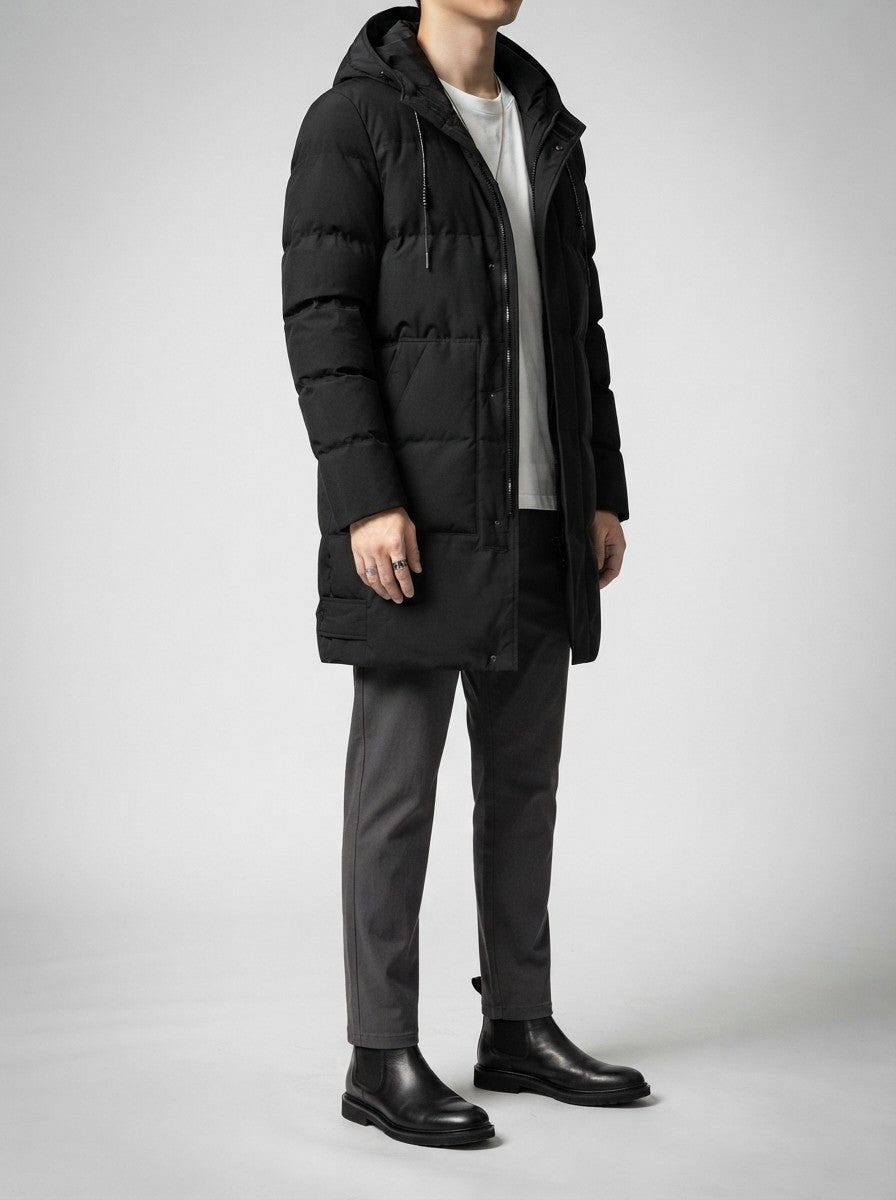 Men's Autumn Longline Hooded Padded Coat with Snap Placket | Parka Style