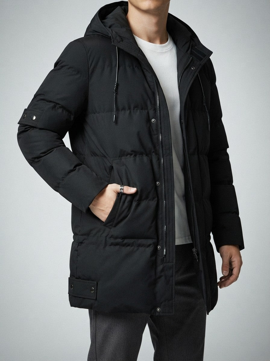 Men's Autumn Longline Hooded Padded Coat with Snap Placket | Parka Style