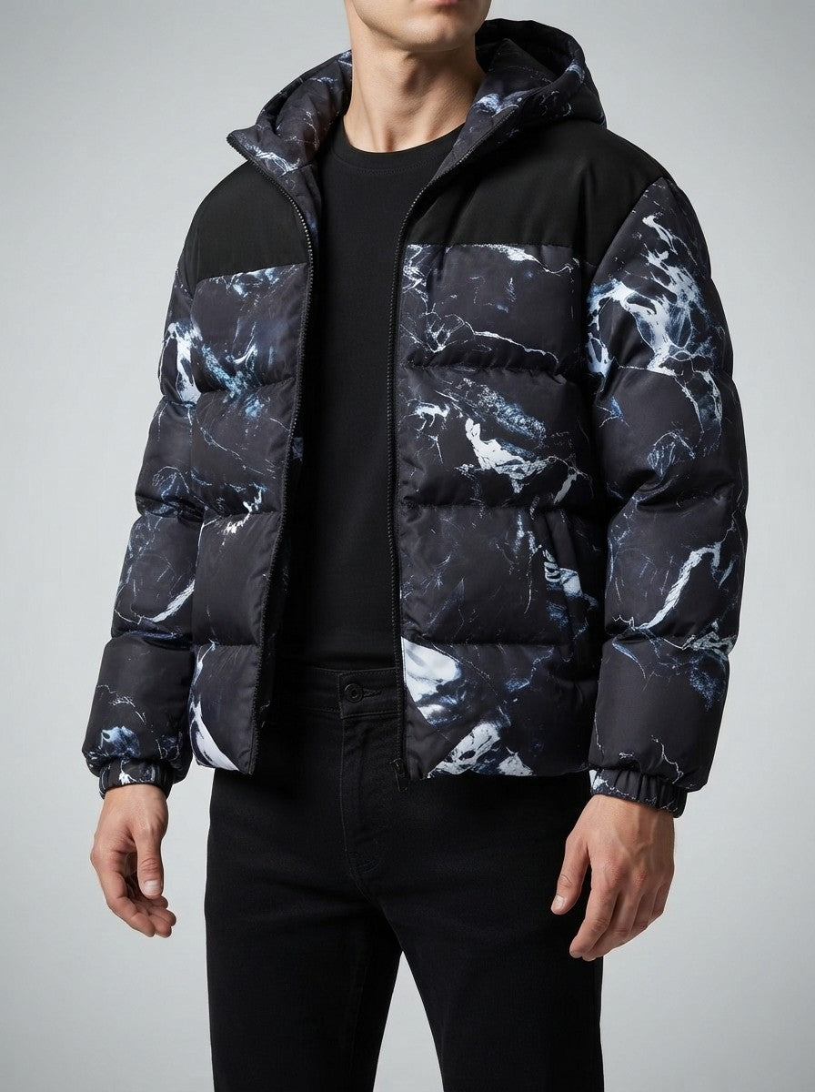 Men's Autumn Marble Print Quilted Hooded Puffer Jacket