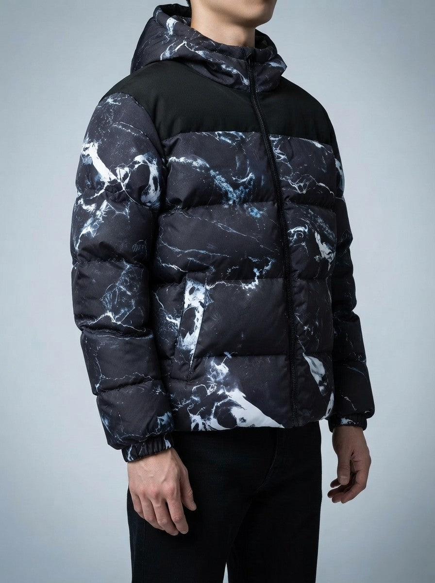 Men's Autumn Marble Print Quilted Hooded Puffer Jacket