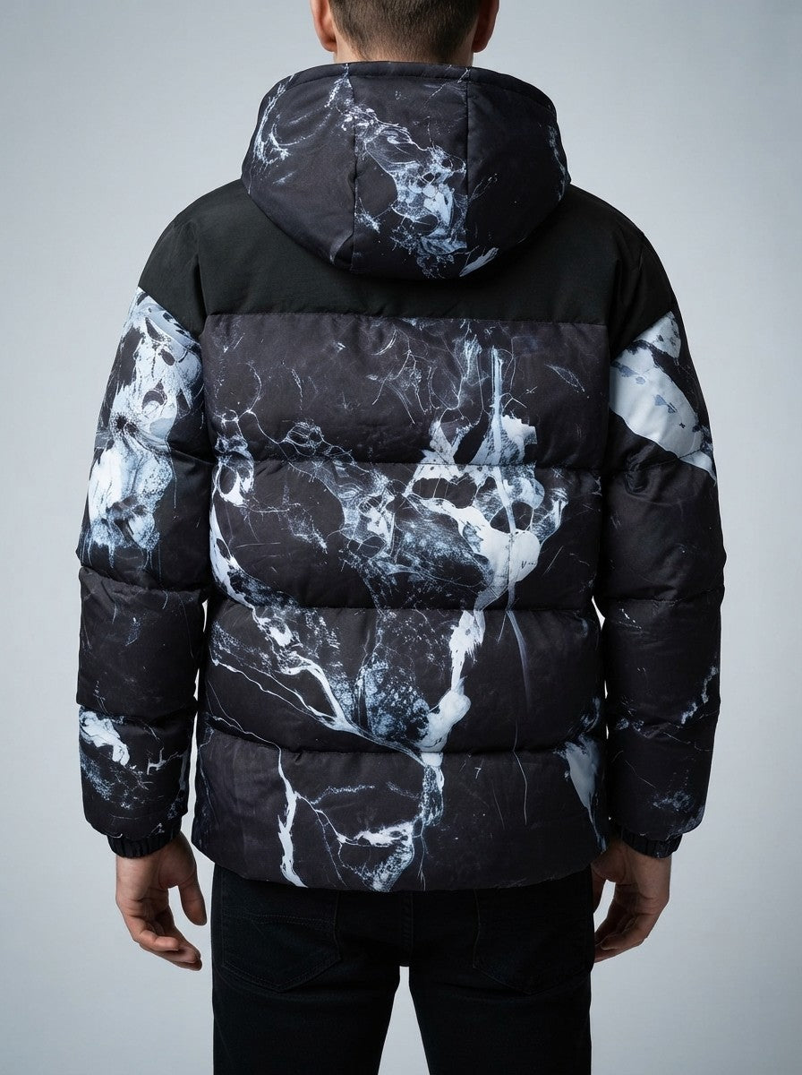 Men's Autumn Marble Print Quilted Hooded Puffer Jacket