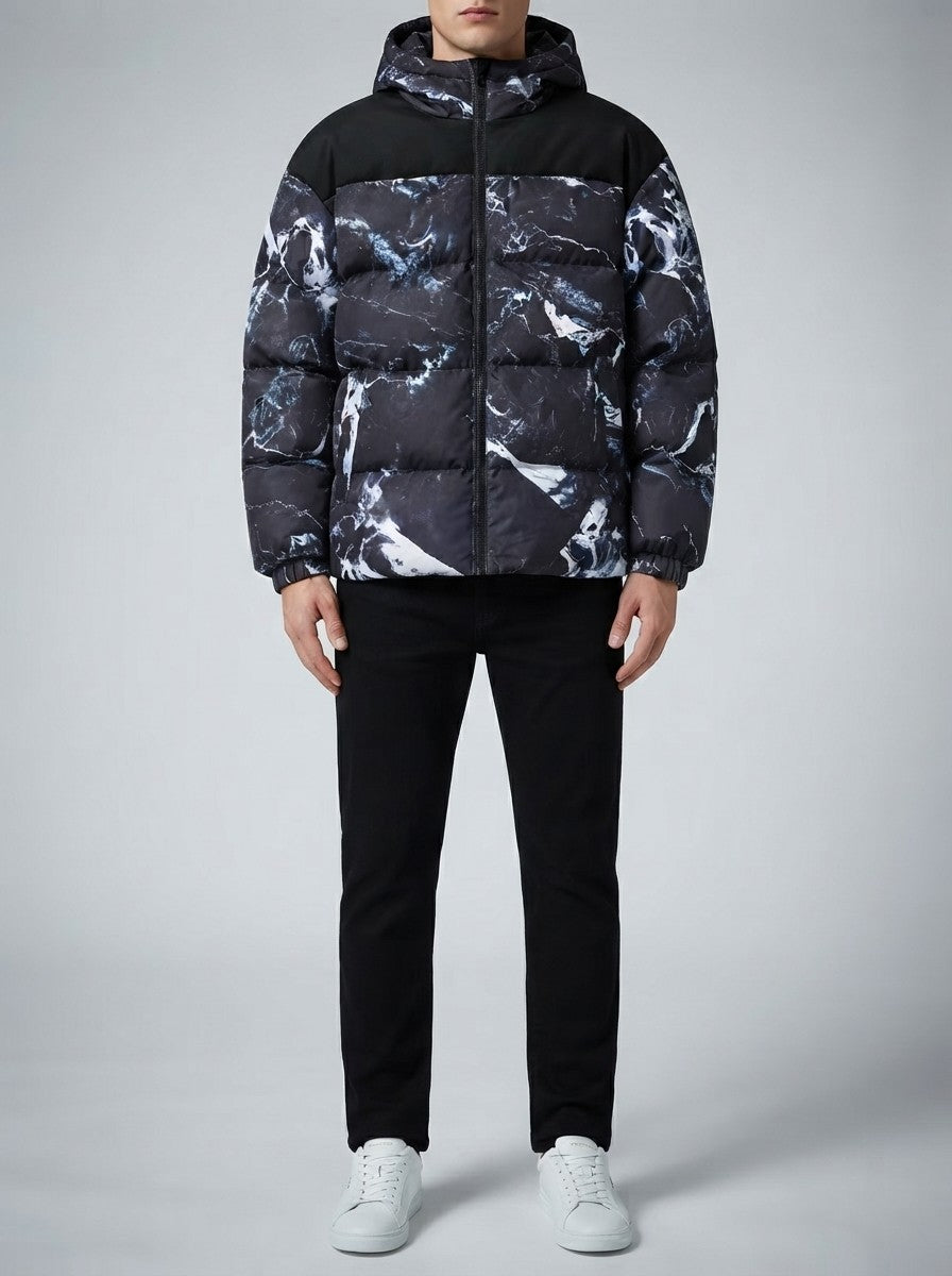 Men's Autumn Marble Print Quilted Hooded Puffer Jacket