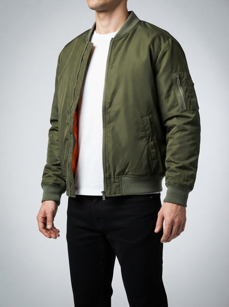 Men's Autumn Padded Bomber Jacket with Sleeve Zip Pocket