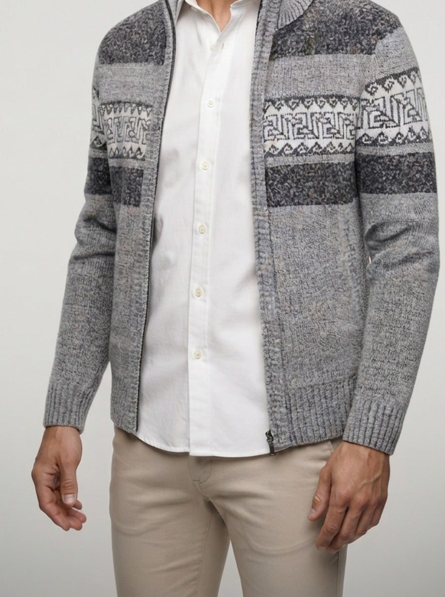 Men's Autumn Patterned Knit Zip-Up Jumper