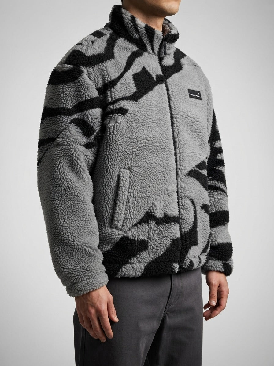 Men's Autumn Plush Zebra Print Fleece Jacket with Stand Collar