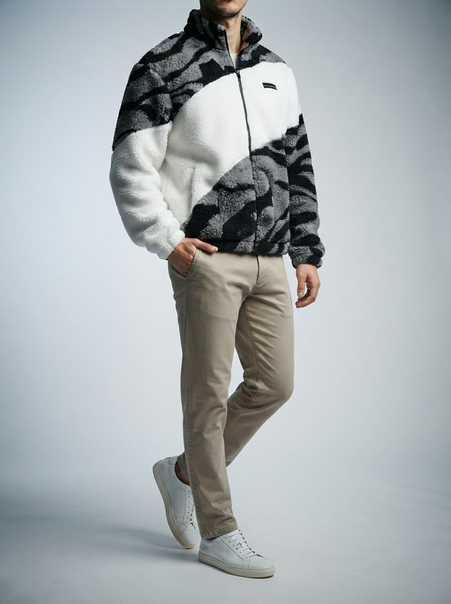 Men's Autumn Plush Zebra Print Fleece Jacket with Stand Collar
