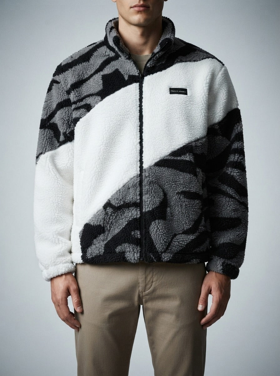 Men's Autumn Plush Zebra Print Fleece Jacket with Stand Collar