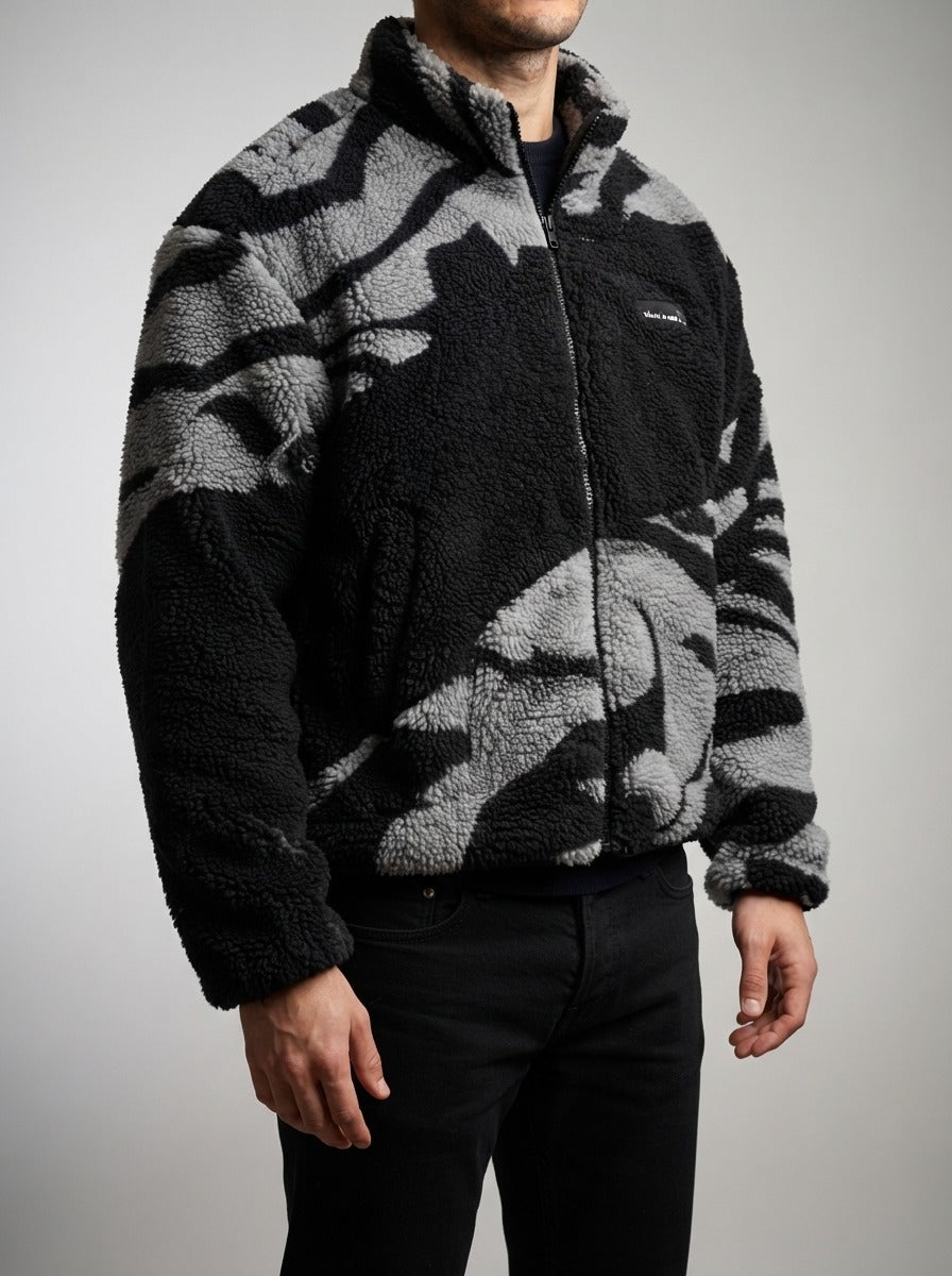 Men's Autumn Plush Zebra Print Fleece Jacket with Stand Collar