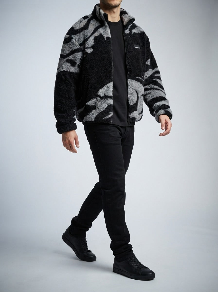 Men's Autumn Plush Zebra Print Fleece Jacket with Stand Collar