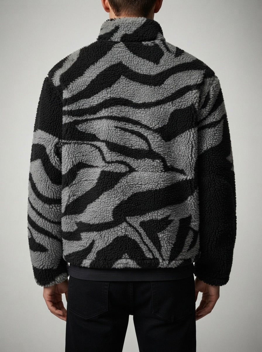 Men's Autumn Plush Zebra Print Fleece Jacket with Stand Collar