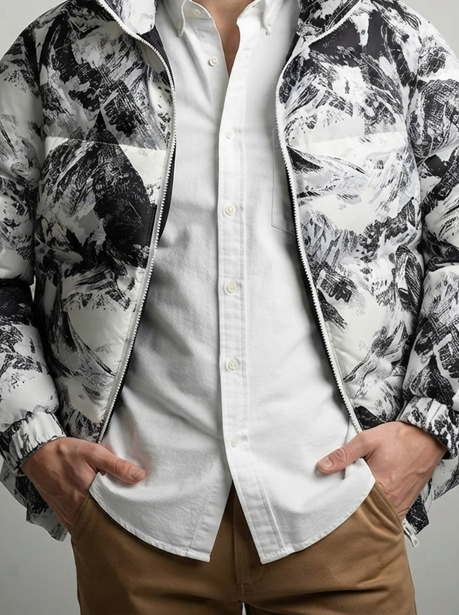 Men's Autumn Printed Stand Collar Puffer Jacket