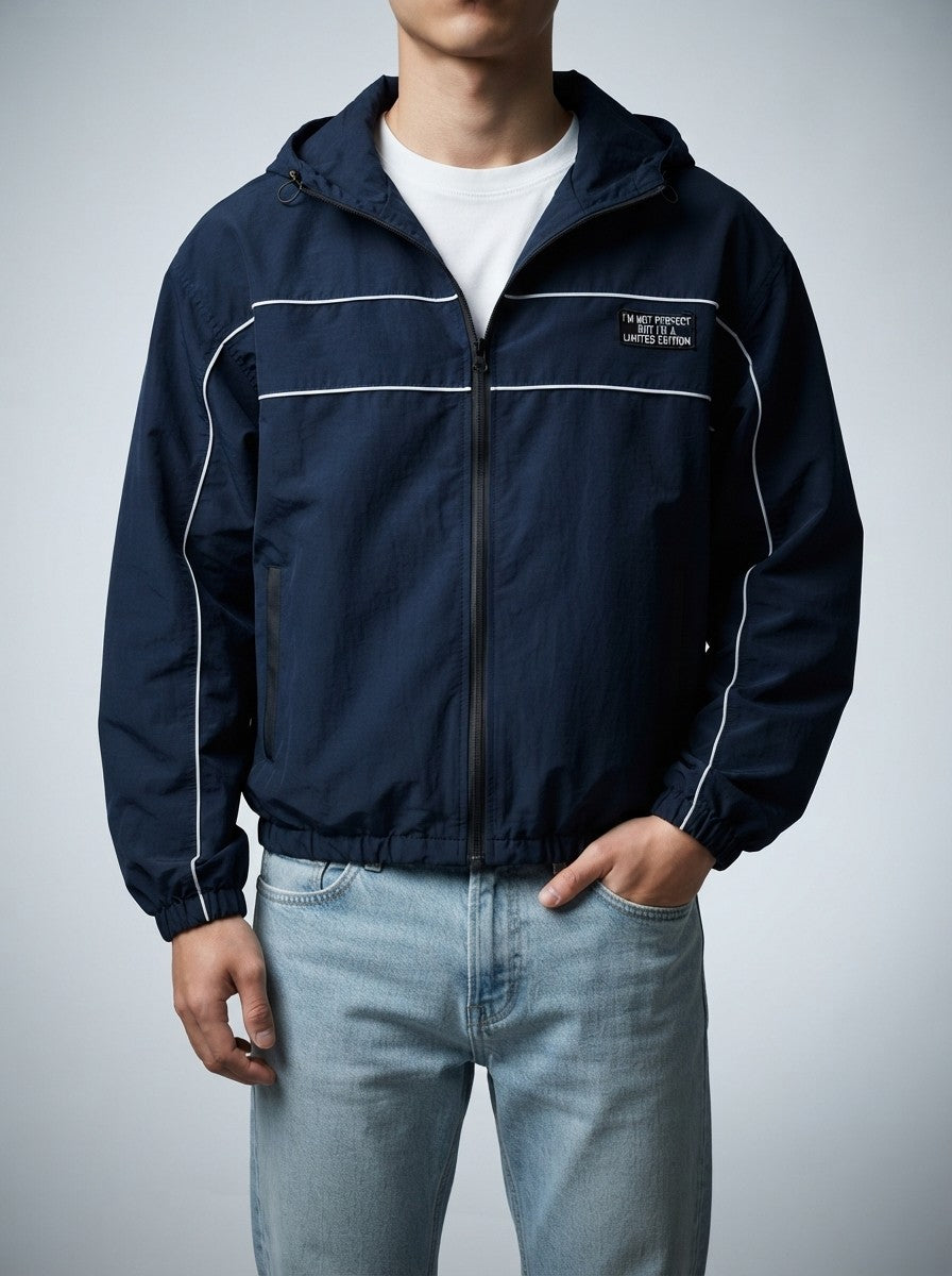 Men's Autumn Relaxed Fit Hooded Windbreaker with Contrast Piping