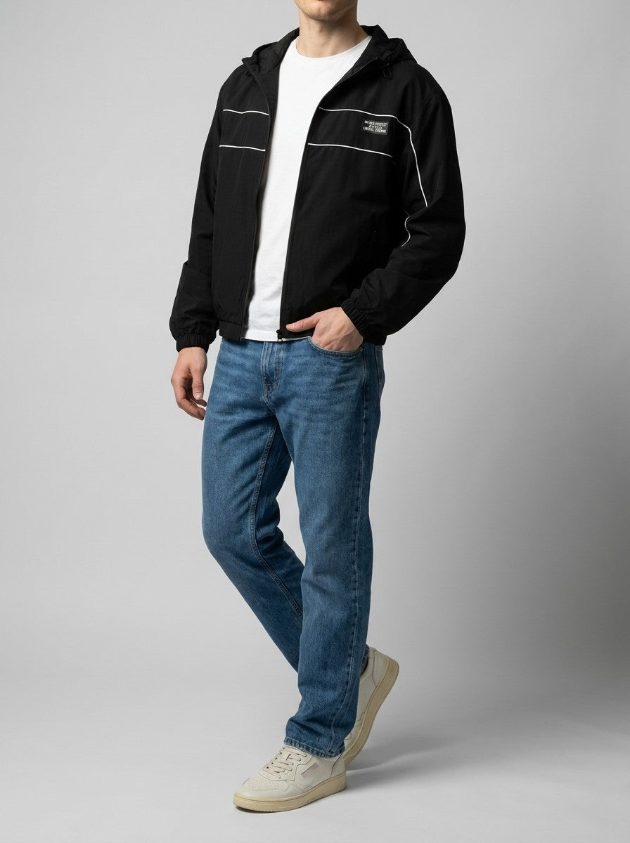 Men's Autumn Relaxed Fit Hooded Windbreaker with Contrast Piping