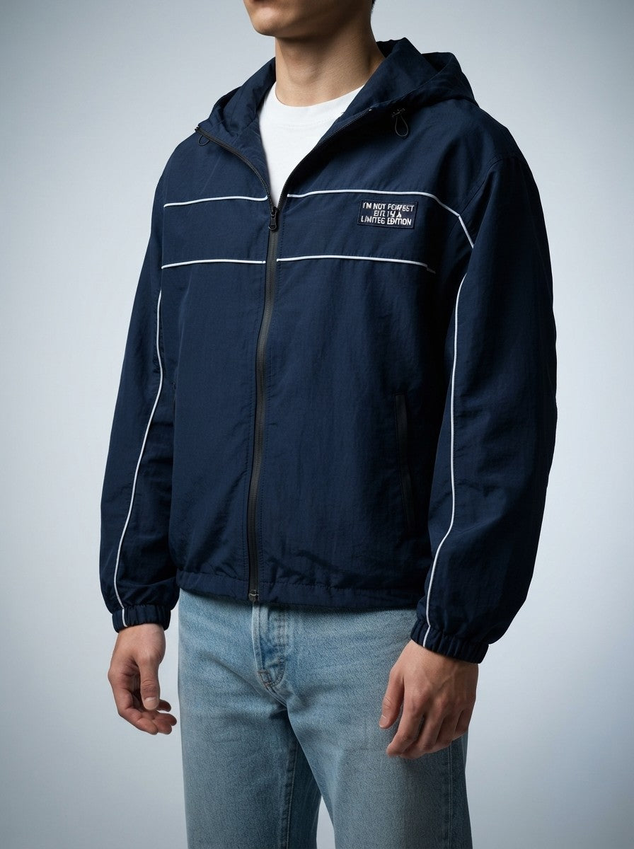 Men's Autumn Relaxed Fit Hooded Windbreaker with Contrast Piping