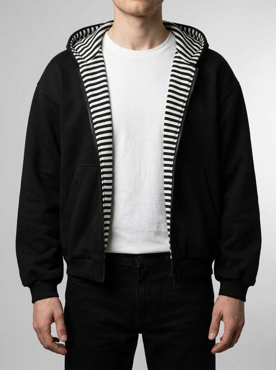 Men's Autumn Reversible Full Zip Hooded Sweatshirt with Stripe Lining