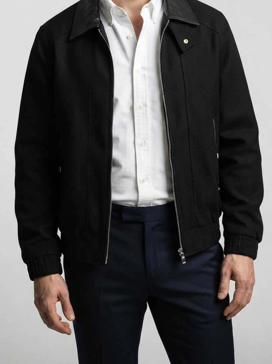Men's Autumn Ribbed Bomber Jacket with Leather Collar