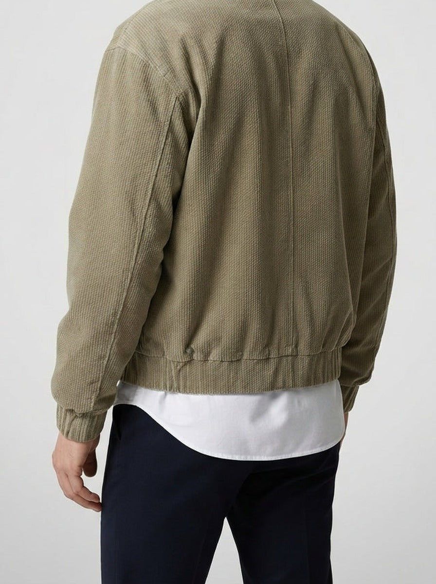 Men's Autumn Ribbed Bomber Jacket with Leather Collar