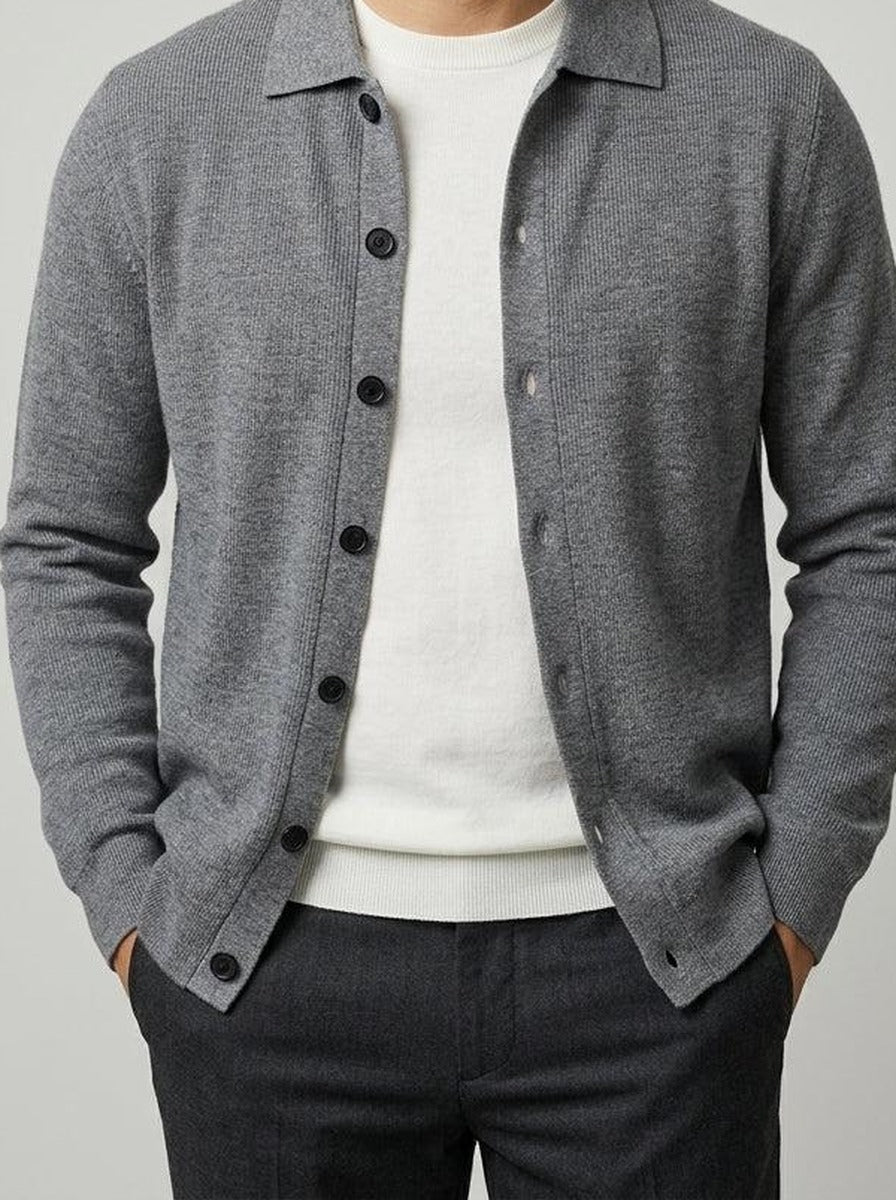 Men's Autumn Ribbed Collared Cardigan with Button Front
