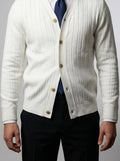 Men's Autumn Ribbed Knit Cardigan with Button Front and V-Neck