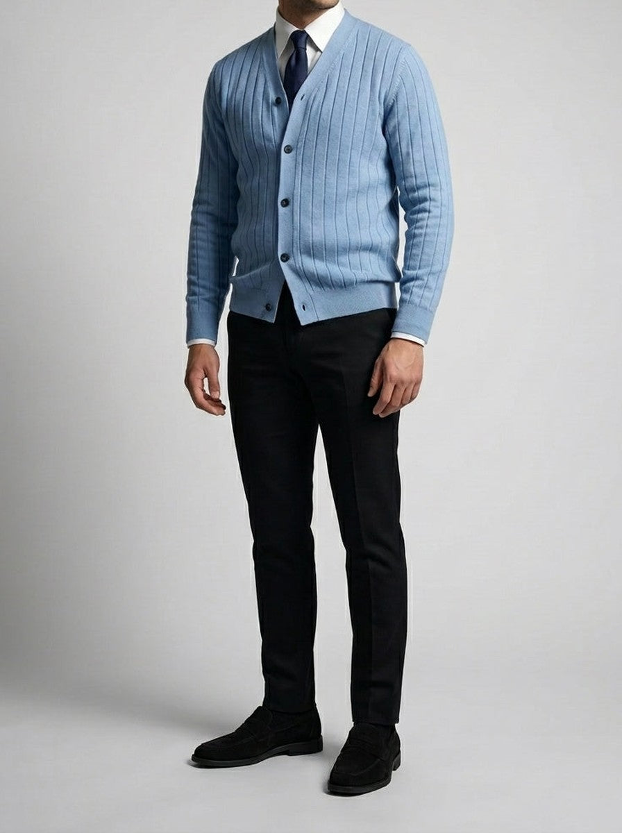 Men's Autumn Ribbed Knit Cardigan with Button Front and V-Neck