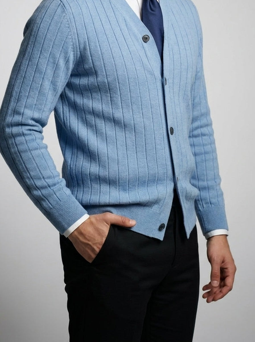 Men's Autumn Ribbed Knit Cardigan with Button Front and V-Neck