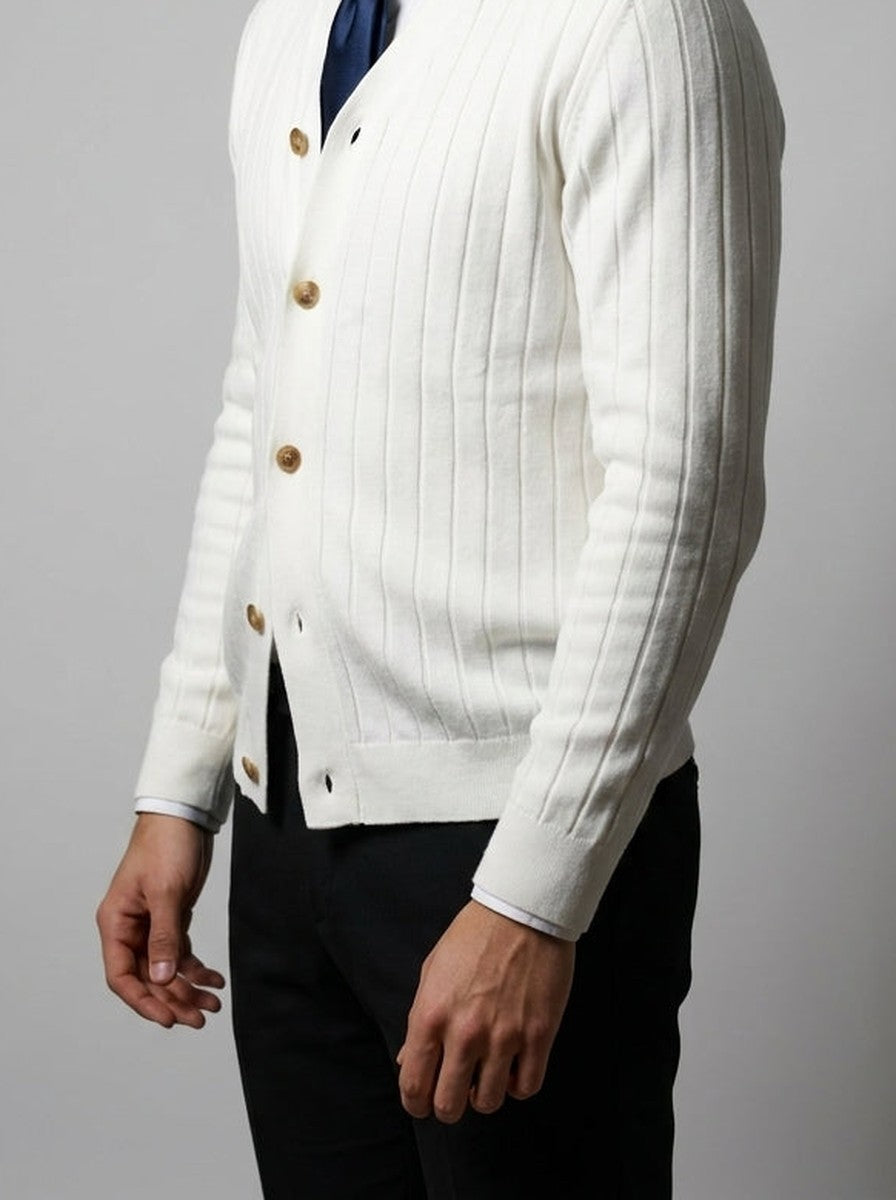 Men's Autumn Ribbed Knit Cardigan with Button Front and V-Neck